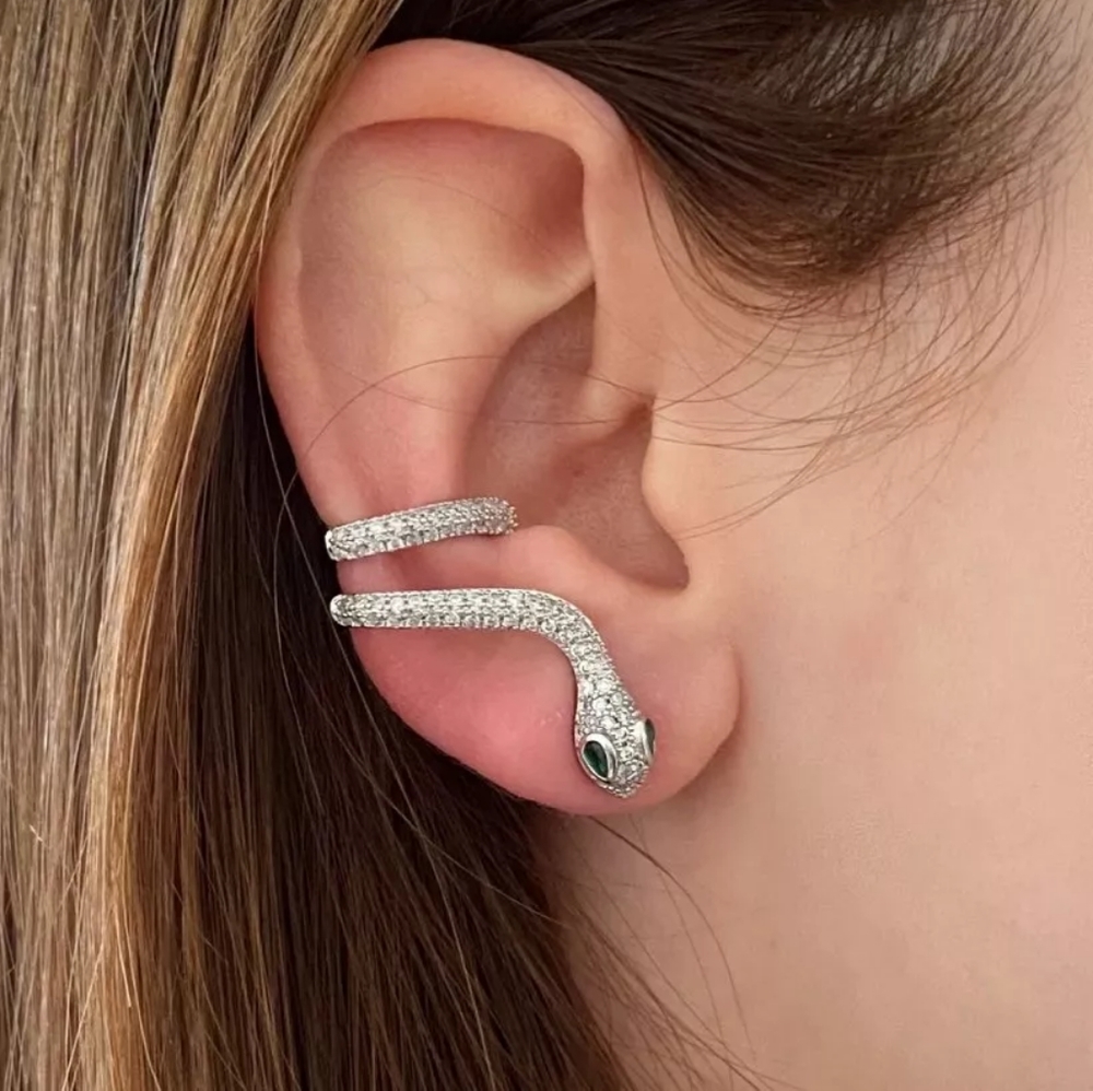 3D Peircing Cuff Blingy Crystal Snake Serpent Halloween Pair Green Eyes